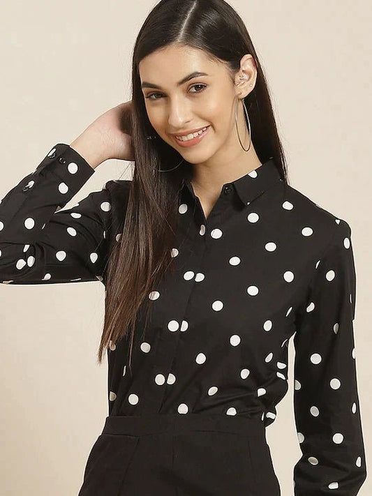 Women Black & White Printed Pure Cotton Slim Fit Formal Shirt - #folk republic#