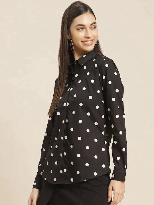 Women Black & White Printed Pure Cotton Slim Fit Formal Shirt - #folk republic#