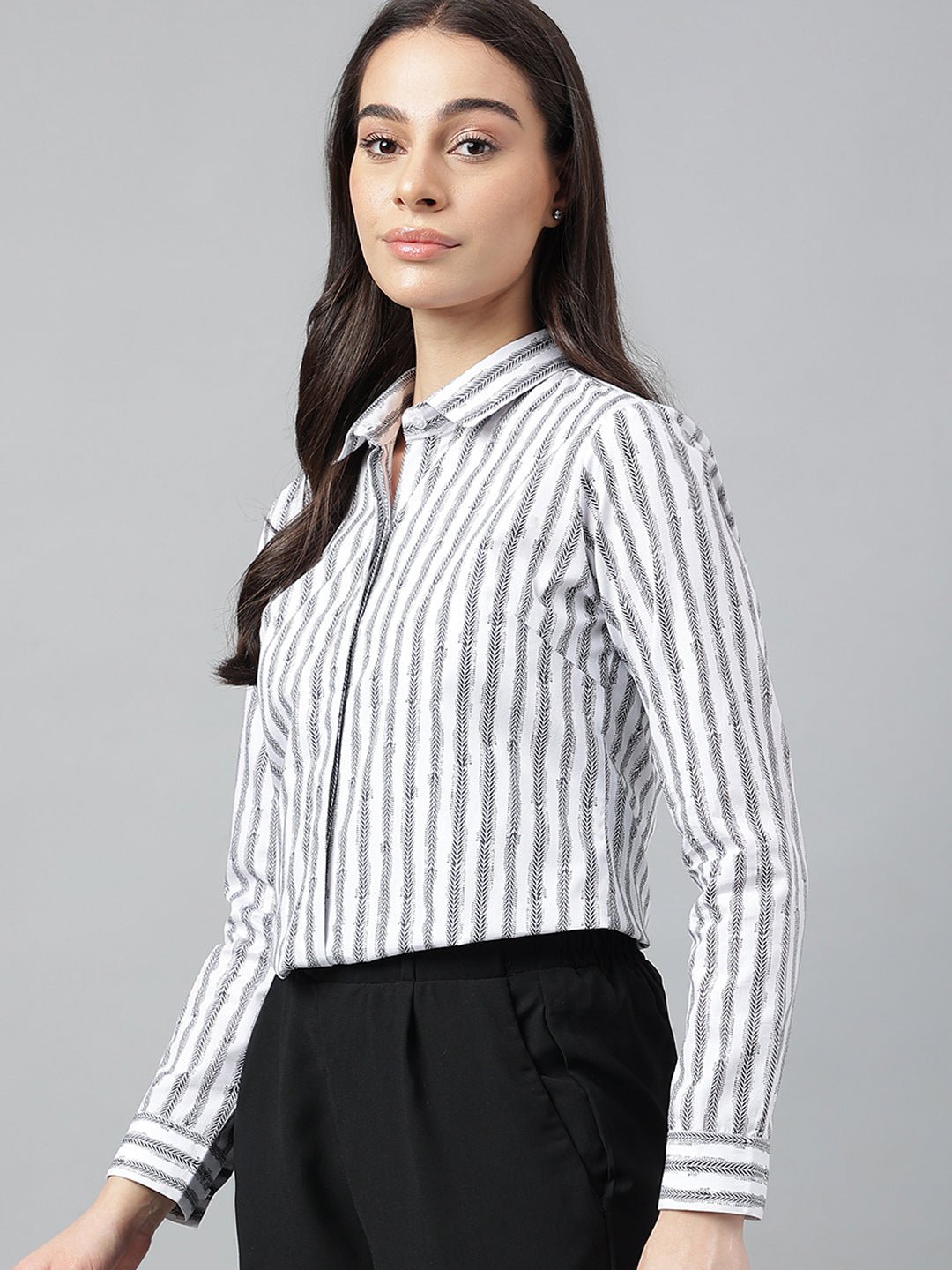 Women Black & White Prints Pure Cotton Regular Fit Formal Shirt - #folk republic#