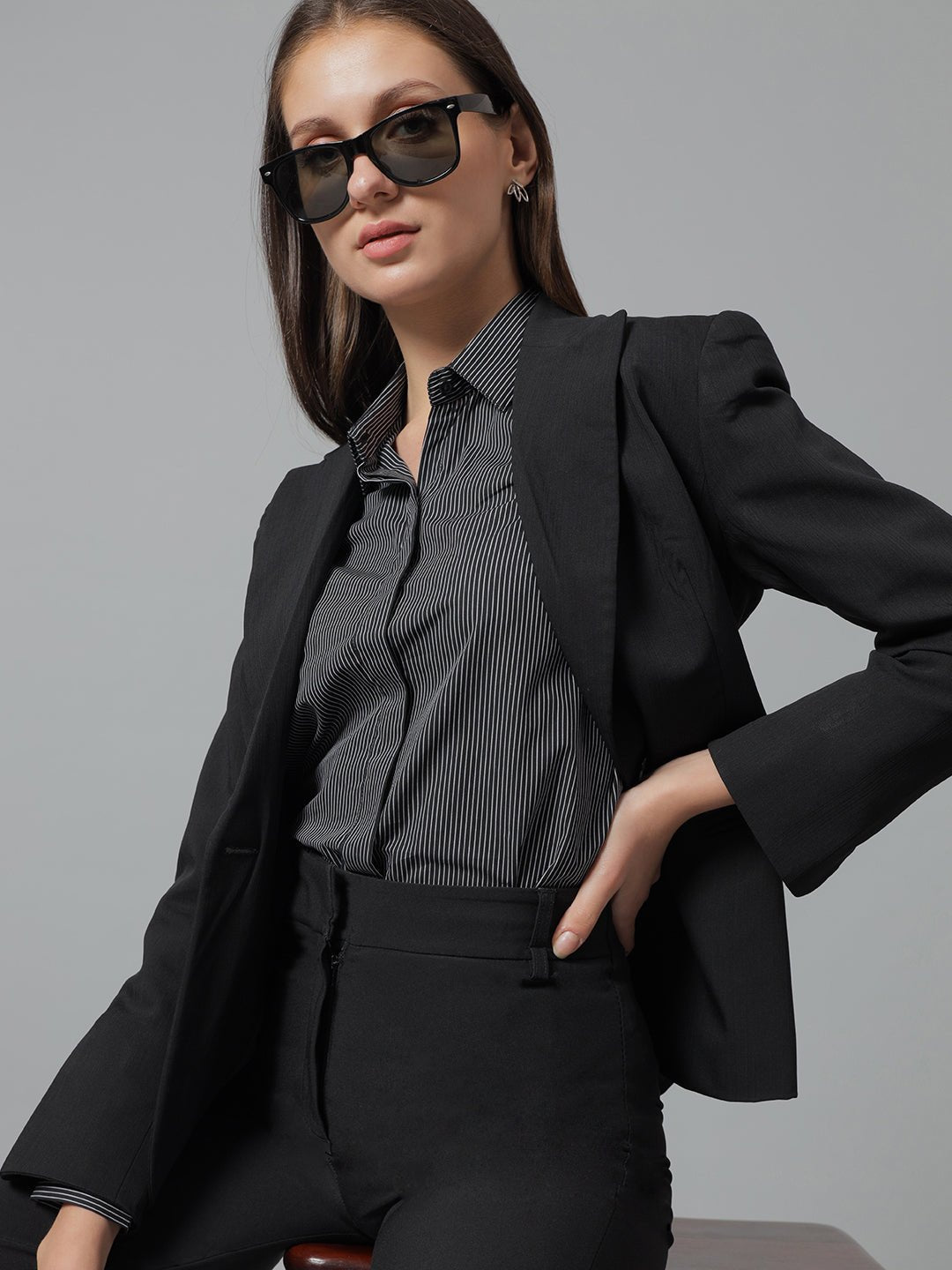 Women Black & White Stripes Pure Cotton Regular Fit Formal Shirt - #folk republic#