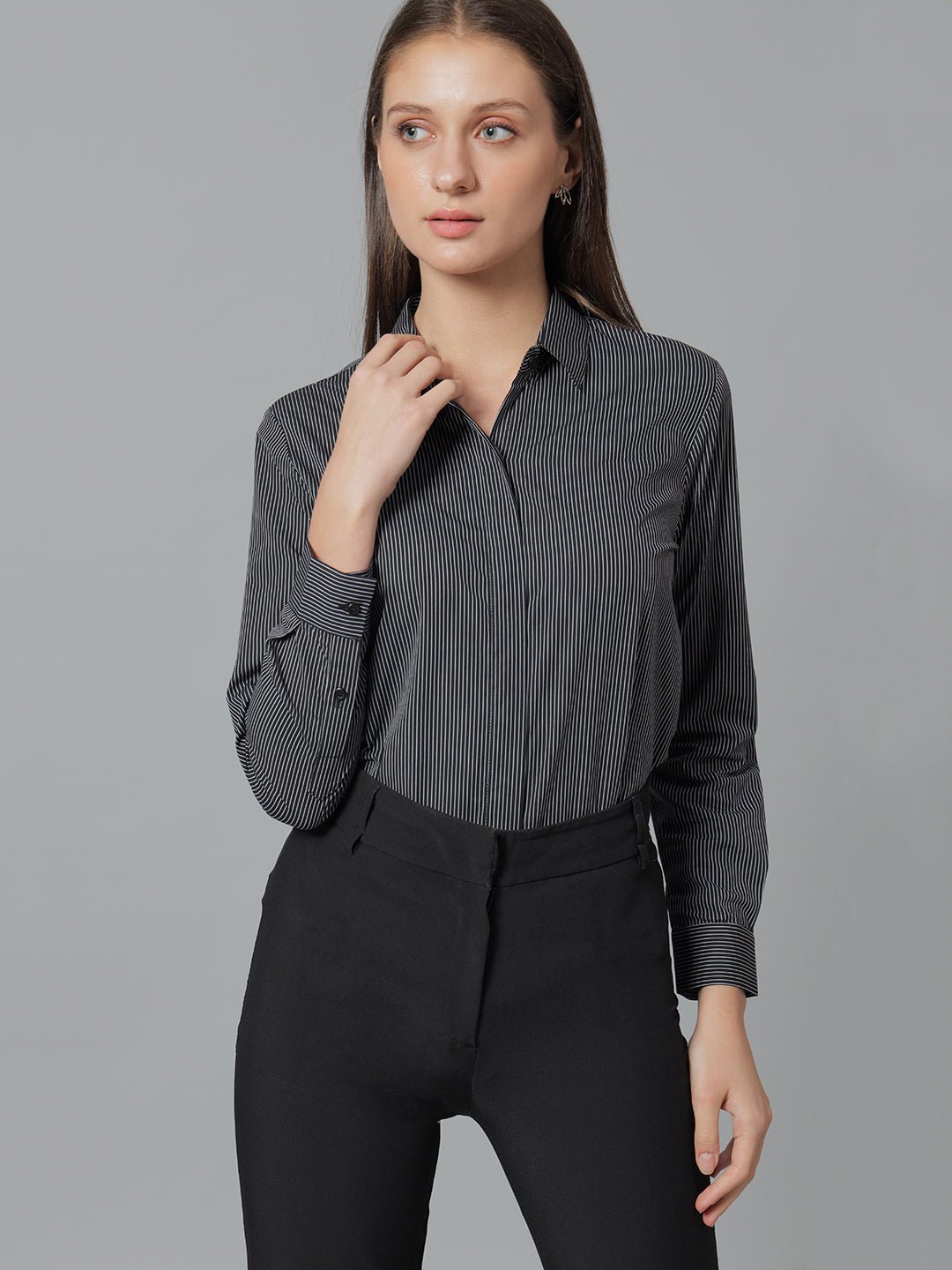 Women Black & White Stripes Pure Cotton Regular Fit Formal Shirt - #folk republic#