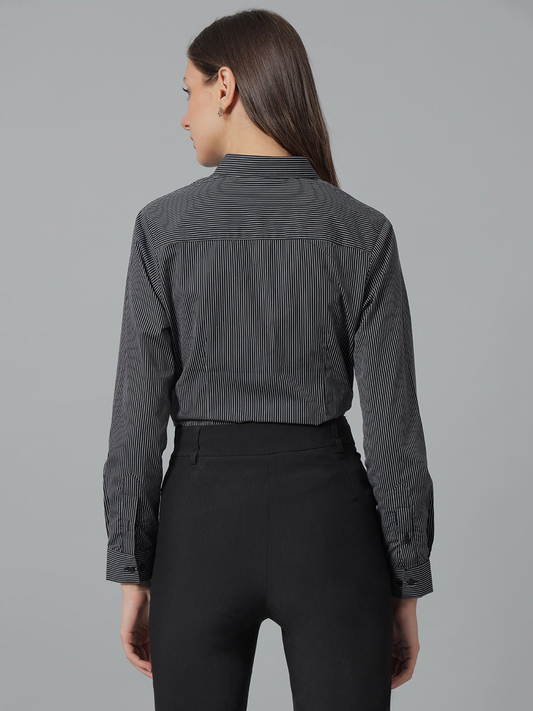 Women Black & White Stripes Pure Cotton Regular Fit Formal Shirt - #folk republic#