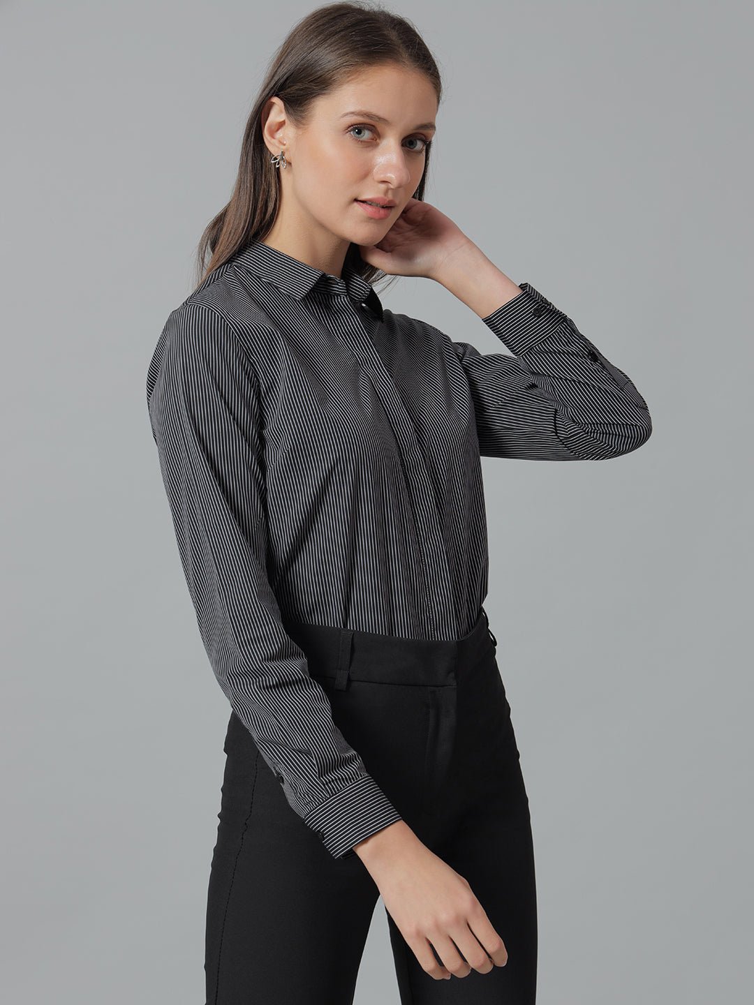Women Black & White Stripes Pure Cotton Regular Fit Formal Shirt - #folk republic#