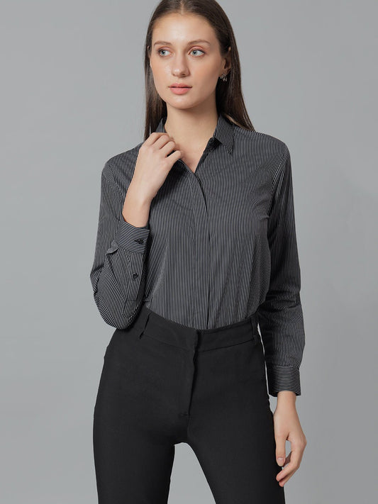 Women Black & White Stripes Pure Cotton Regular Fit Formal Shirt - #folk republic#