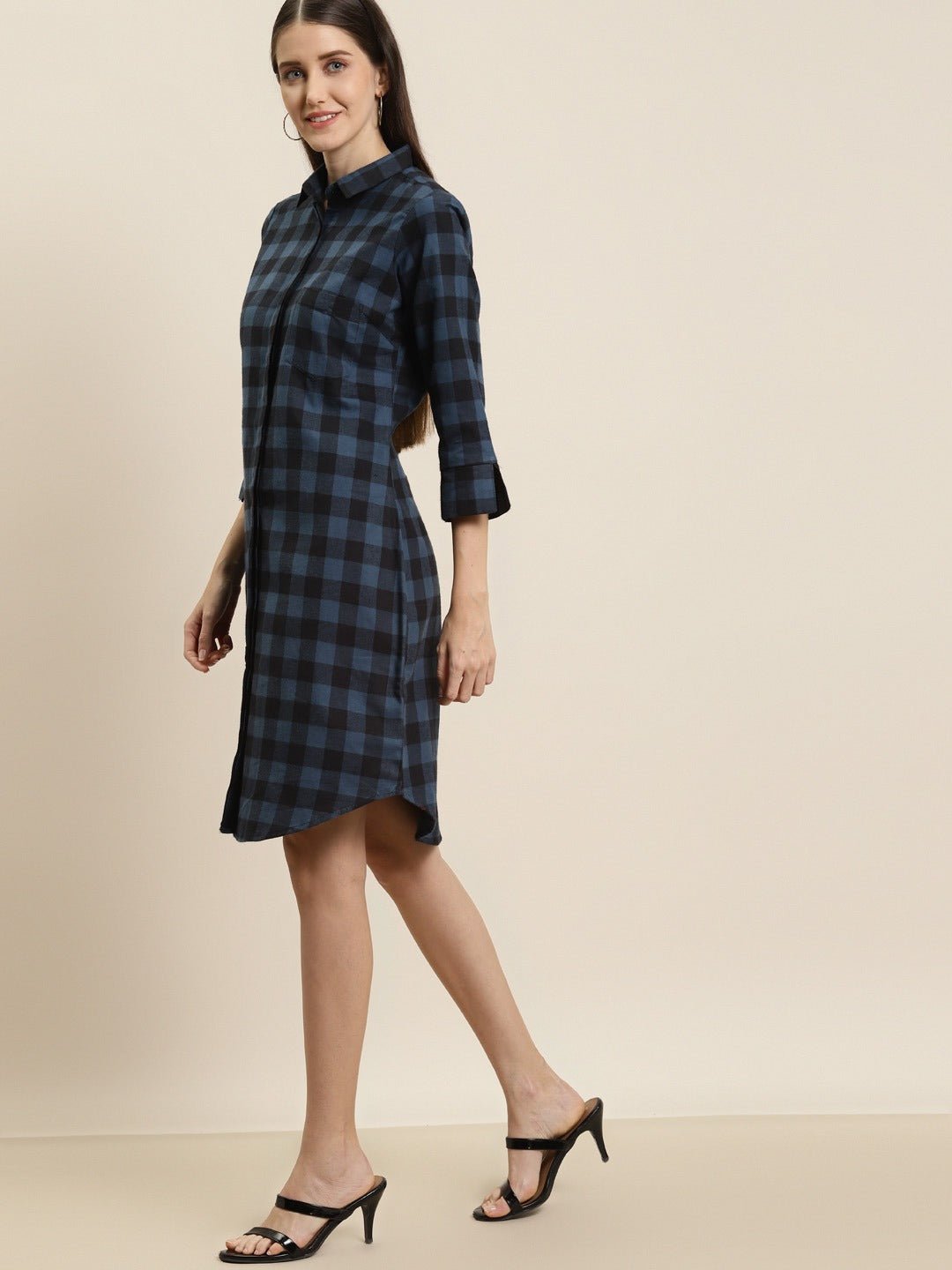 Women Blue-Black Checks Pure Cotton Regular Fit Shirt Dress - #folk republic#