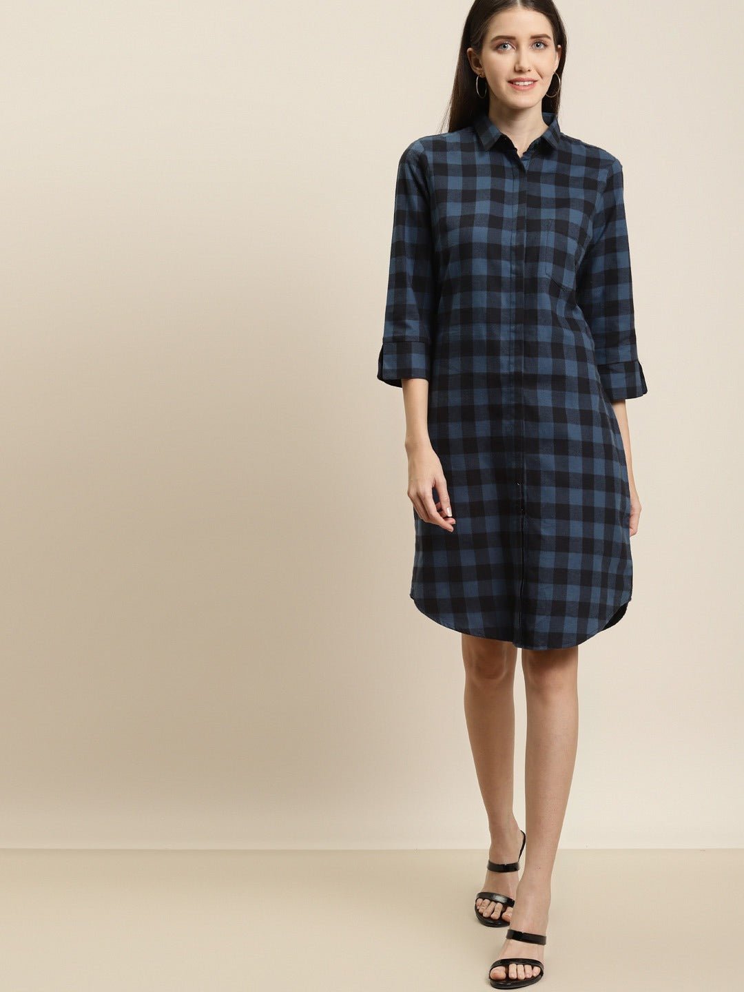 Women Blue-Black Checks Pure Cotton Regular Fit Shirt Dress - #folk republic#