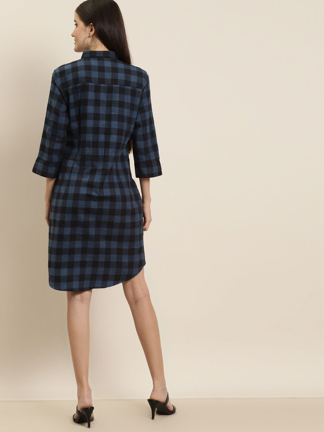 Women Blue-Black Checks Pure Cotton Regular Fit Shirt Dress - #folk republic#