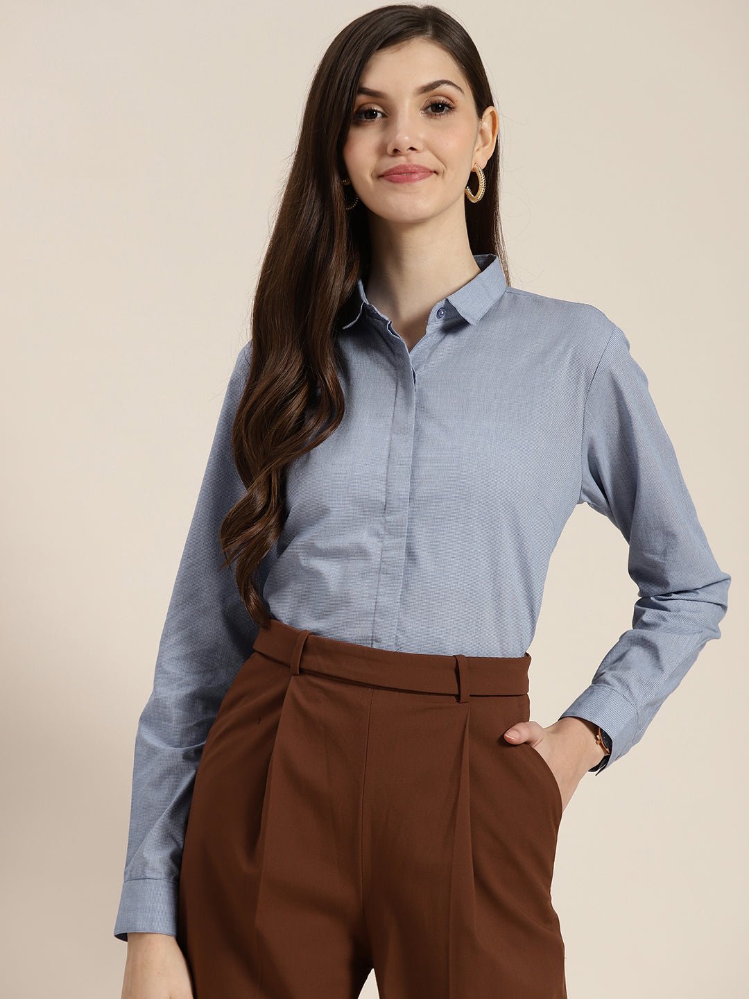 Women Blue Checked Pure Cotton Regular Fit Formal Shirt - #folk republic#