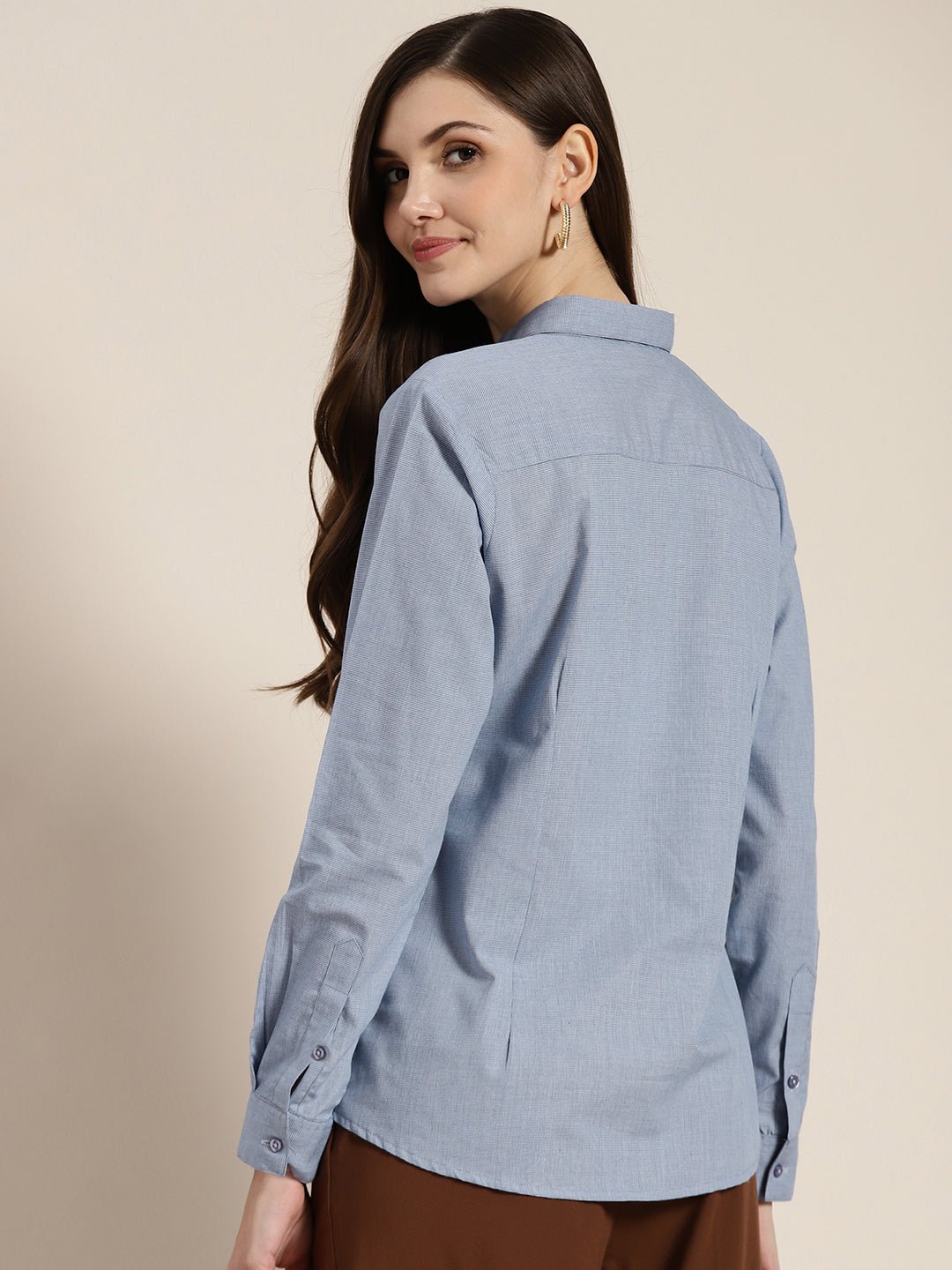 Women Blue Checked Pure Cotton Regular Fit Formal Shirt - #folk republic#