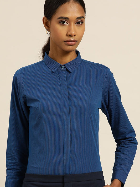 Women Blue & Navy Pin Striped Cotton Slim Fit Formal Shirt - #folk republic#