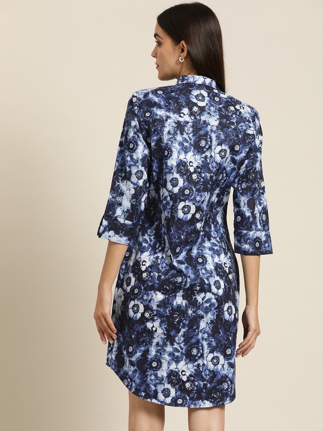 Women Blue & Navy Prints Pure Cotton Regular Fit Shirt Dress - #folk republic#
