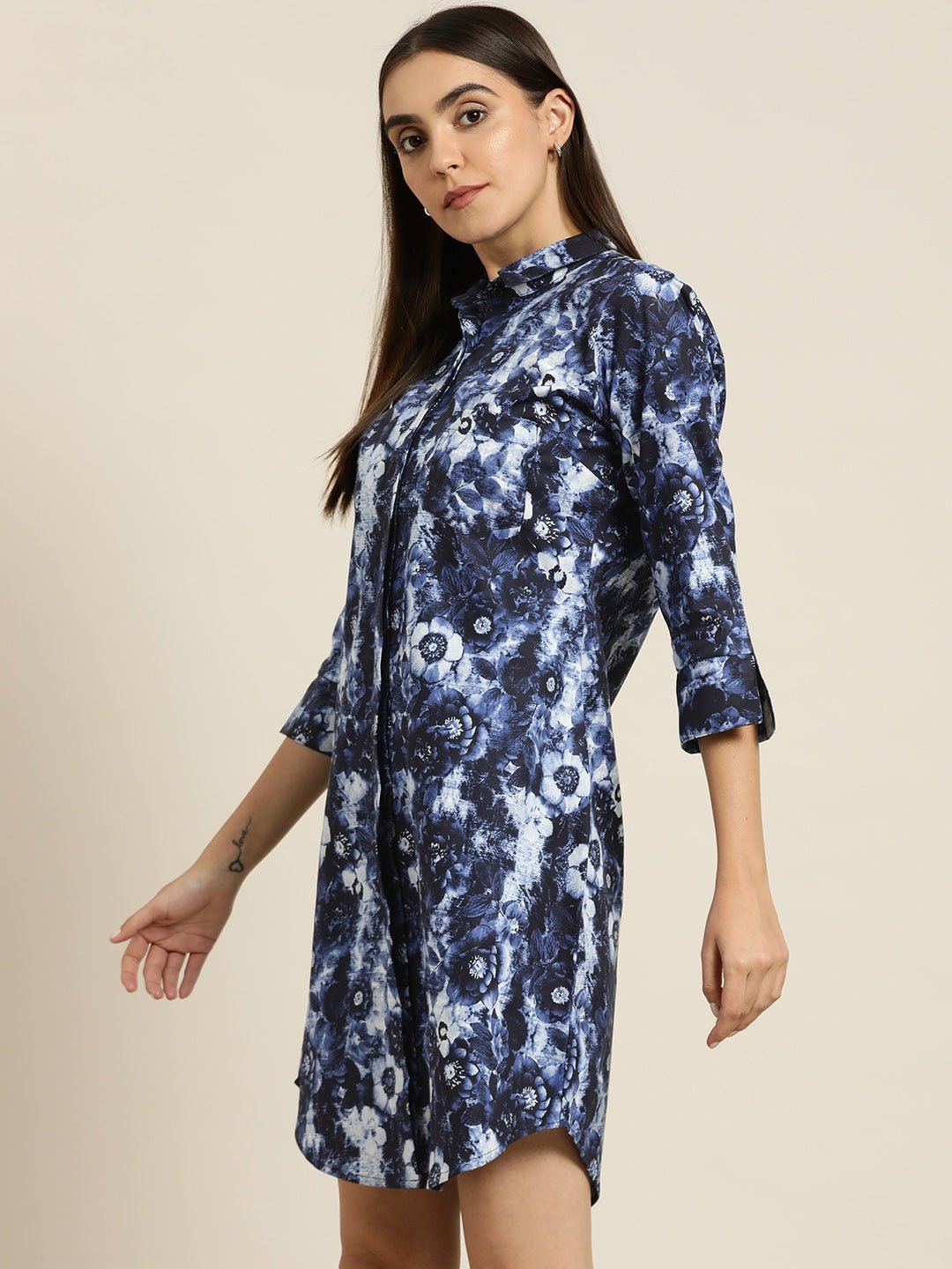 Women Blue & Navy Prints Pure Cotton Regular Fit Shirt Dress - #folk republic#