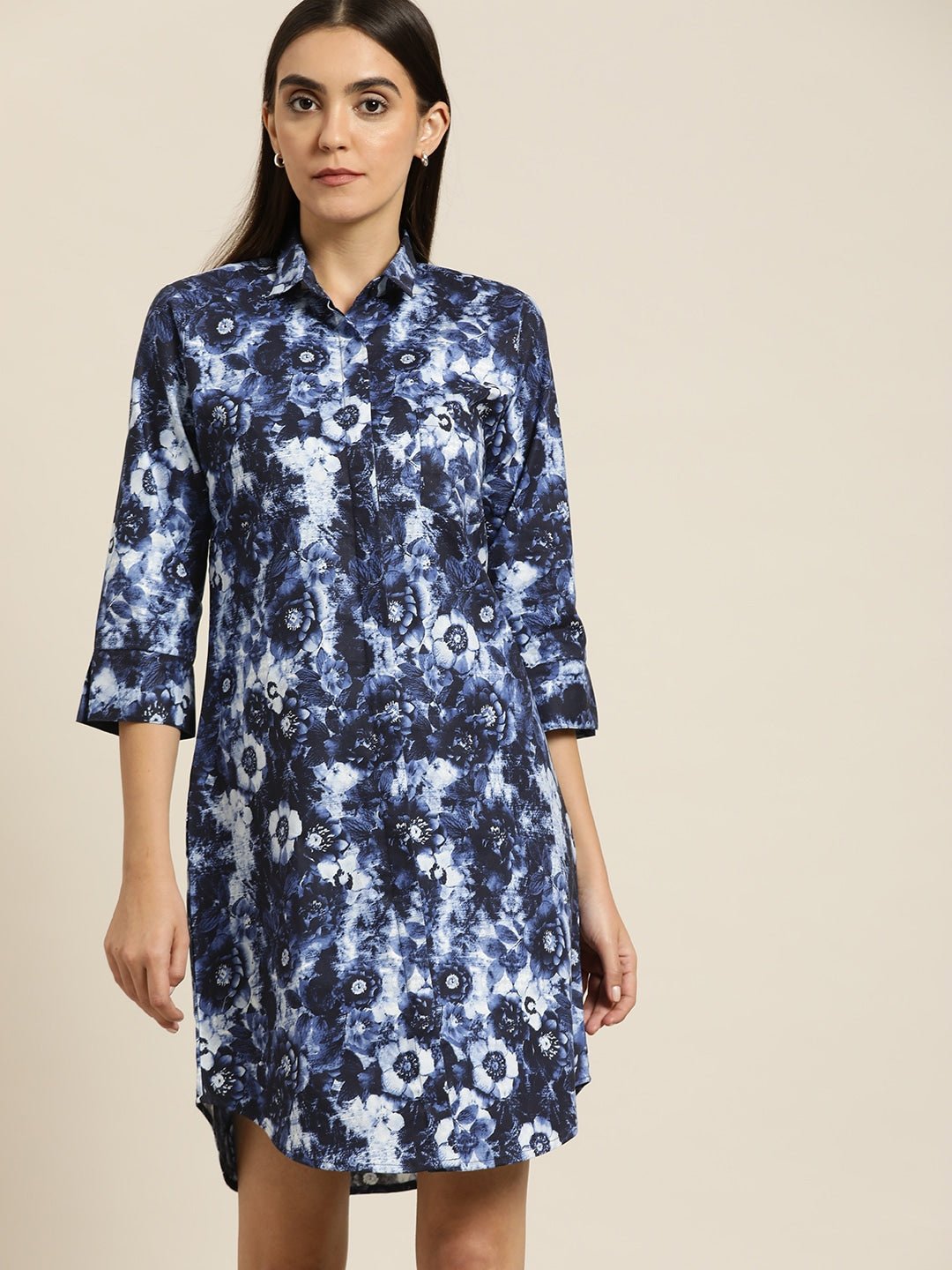 Women Blue & Navy Prints Pure Cotton Regular Fit Shirt Dress - #folk republic#