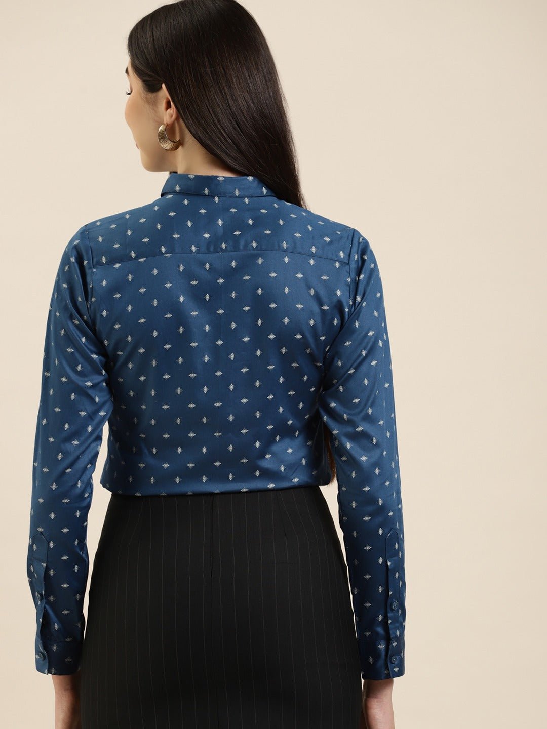 Women Blue Printed Cotton Slim Fit Formal Shirt - #folk republic#