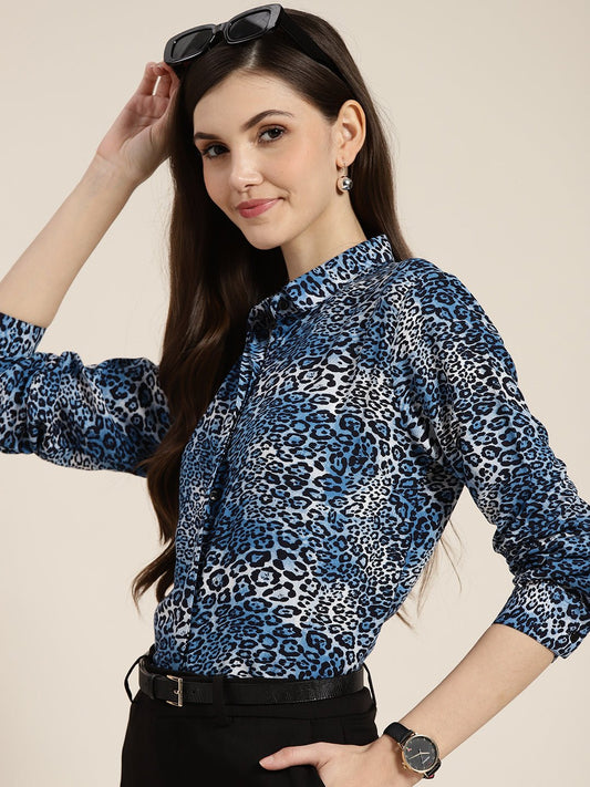 Women Blue Printed Viscose Rayon Regular Fit Formal Shirt - #folk republic#