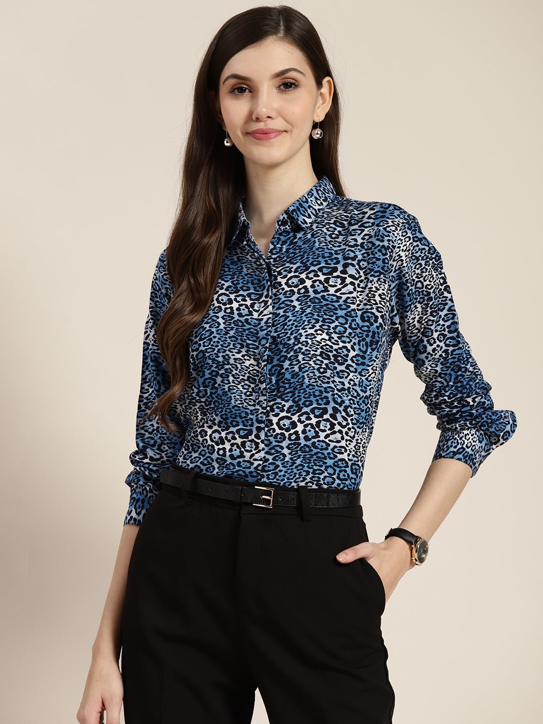 Women Blue Printed Viscose Rayon Regular Fit Formal Shirt - #folk republic#