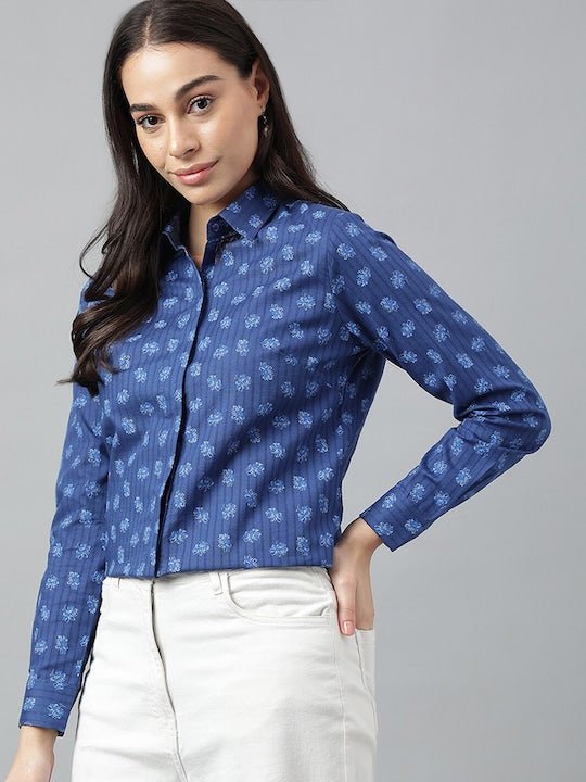 Women Blue Prints Pure Cotton Regular Fit Formal Shirt - #folk republic#
