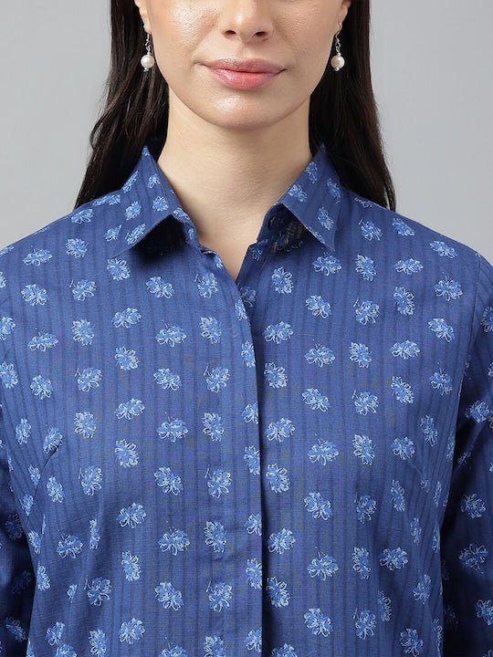 Women Blue Prints Pure Cotton Regular Fit Formal Shirt - #folk republic#