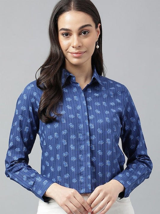 Women Blue Prints Pure Cotton Regular Fit Formal Shirt - #folk republic#