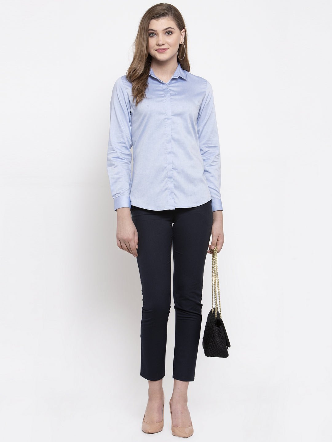 Women Blue Pure Cotton Solid Slim Fit Formal Shirt - #folk republic#