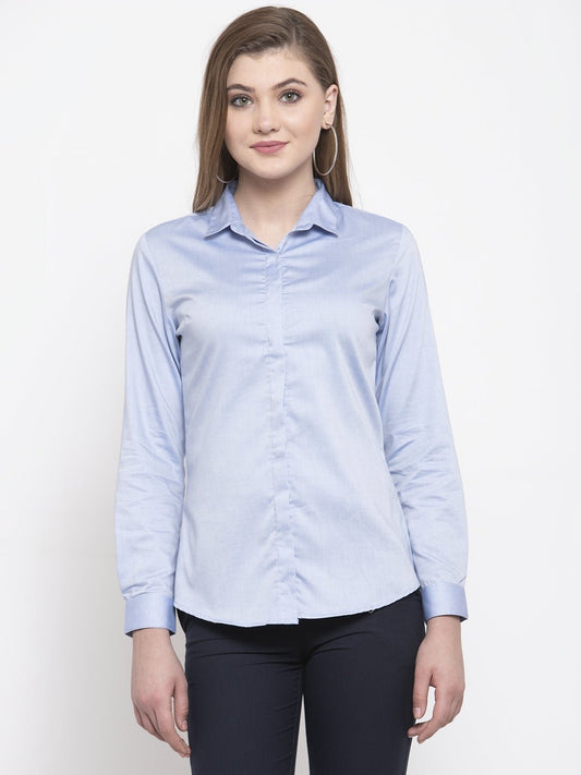 Women Blue Pure Cotton Solid Slim Fit Formal Shirt - #folk republic#