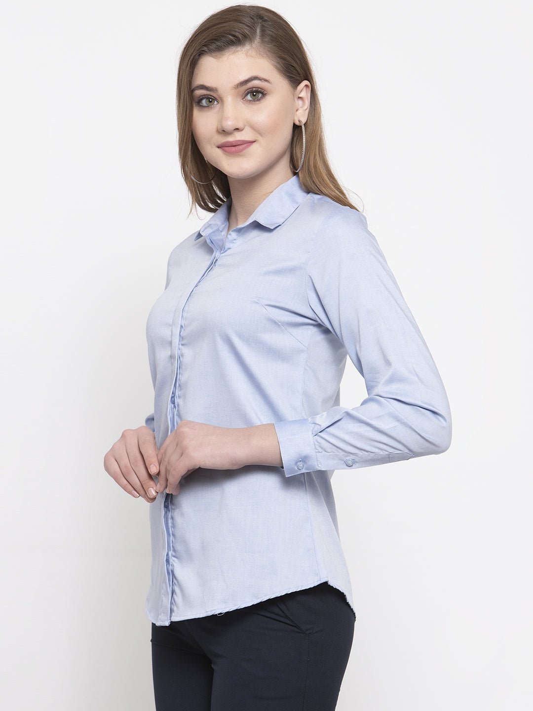 Women Blue Pure Cotton Solid Slim Fit Formal Shirt - #folk republic#