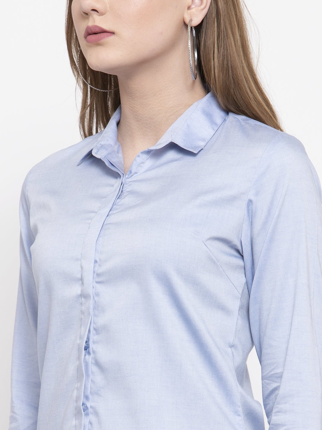 Women Blue Pure Cotton Solid Slim Fit Formal Shirt - #folk republic#