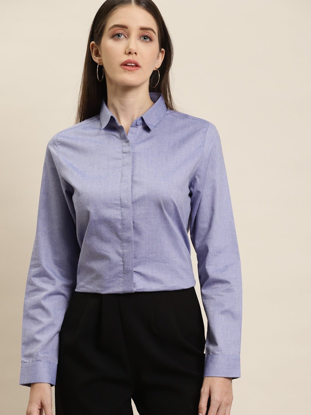 Women Blue Solid Chambray Cotton Rich Slim Fit Formal Shirt - #folk republic#