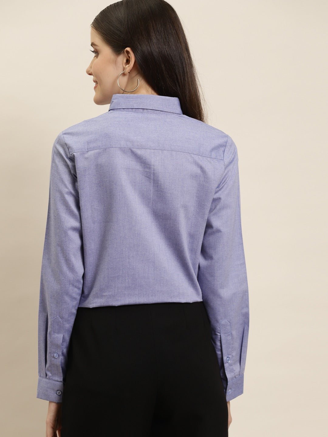 Women Blue Solid Chambray Cotton Rich Slim Fit Formal Shirt - #folk republic#