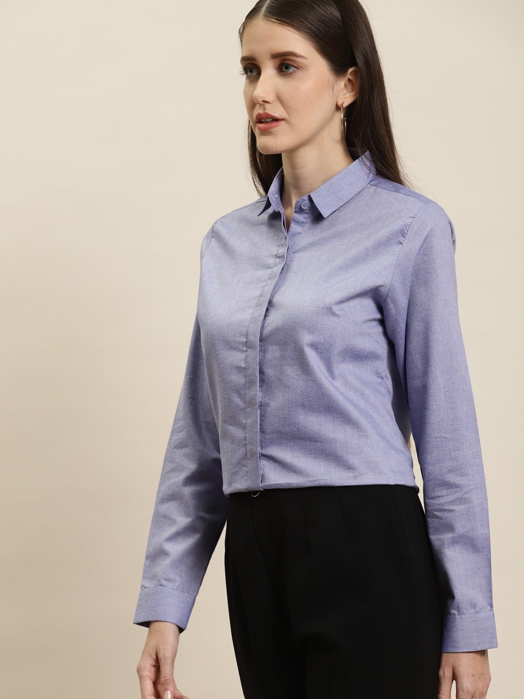 Women Blue Solid Chambray Cotton Rich Slim Fit Formal Shirt - #folk republic#