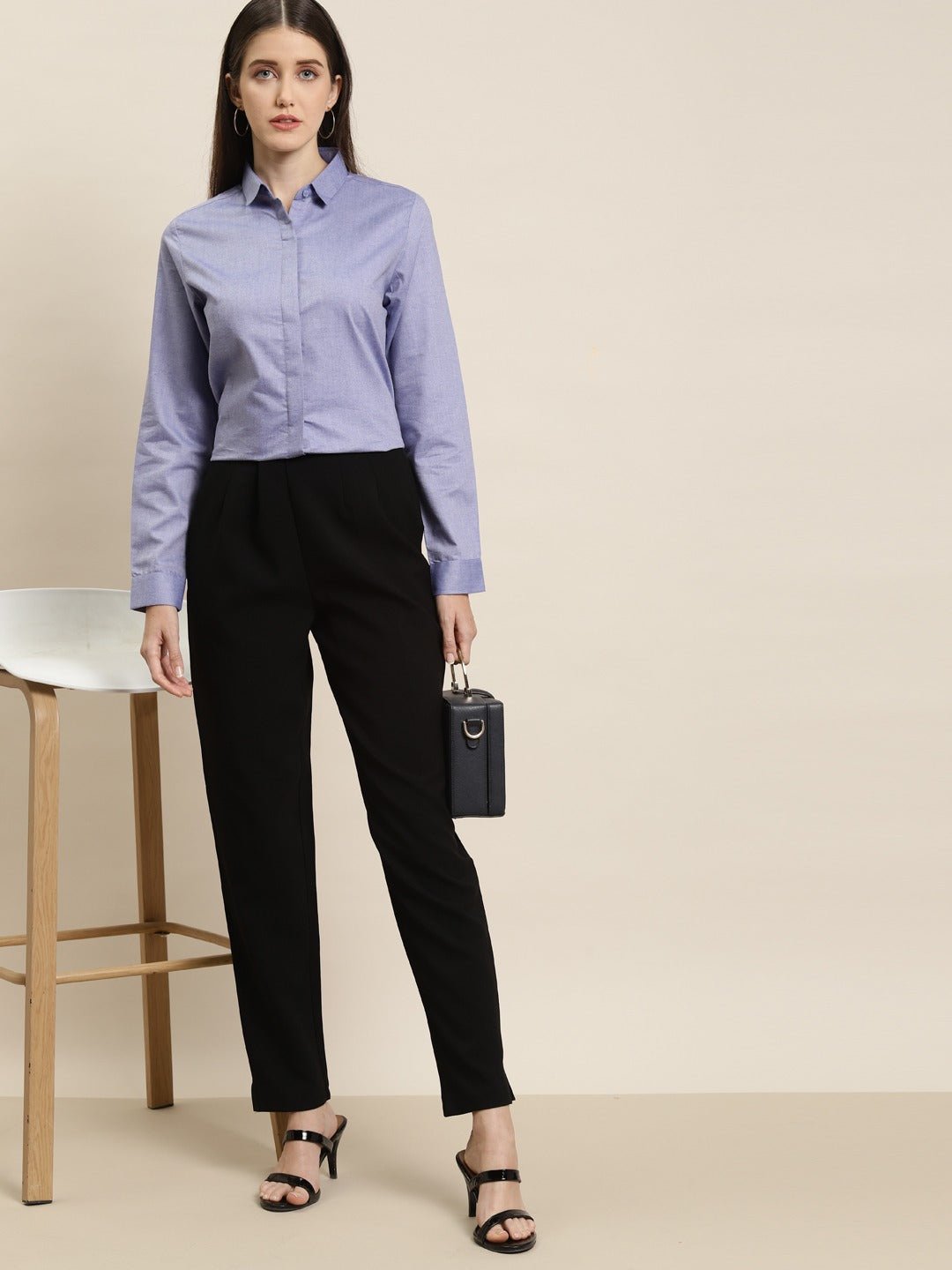 Women Blue Solid Chambray Cotton Rich Slim Fit Formal Shirt - #folk republic#