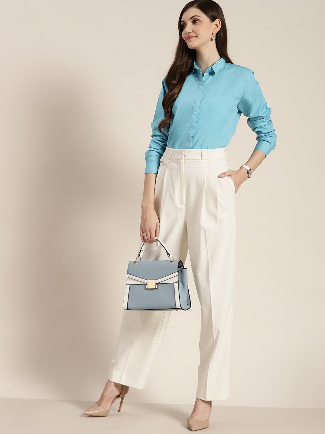 Women Blue Solid Pure Cotton Regular Fit Formal Shirt - #folk republic#