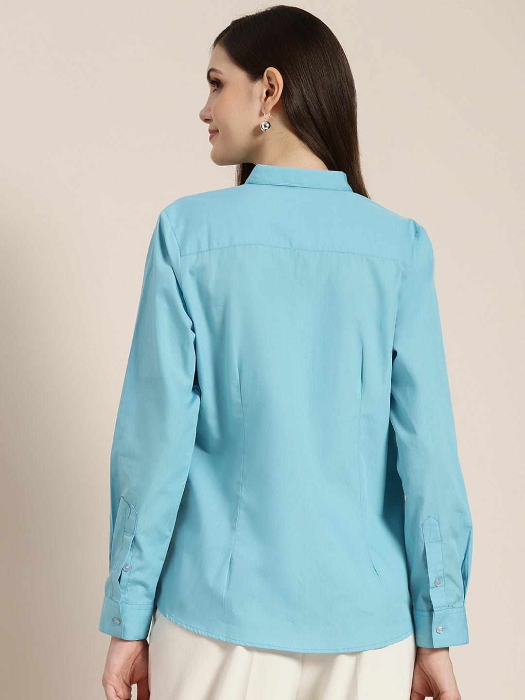 Women Blue Solid Pure Cotton Regular Fit Formal Shirt - #folk republic#