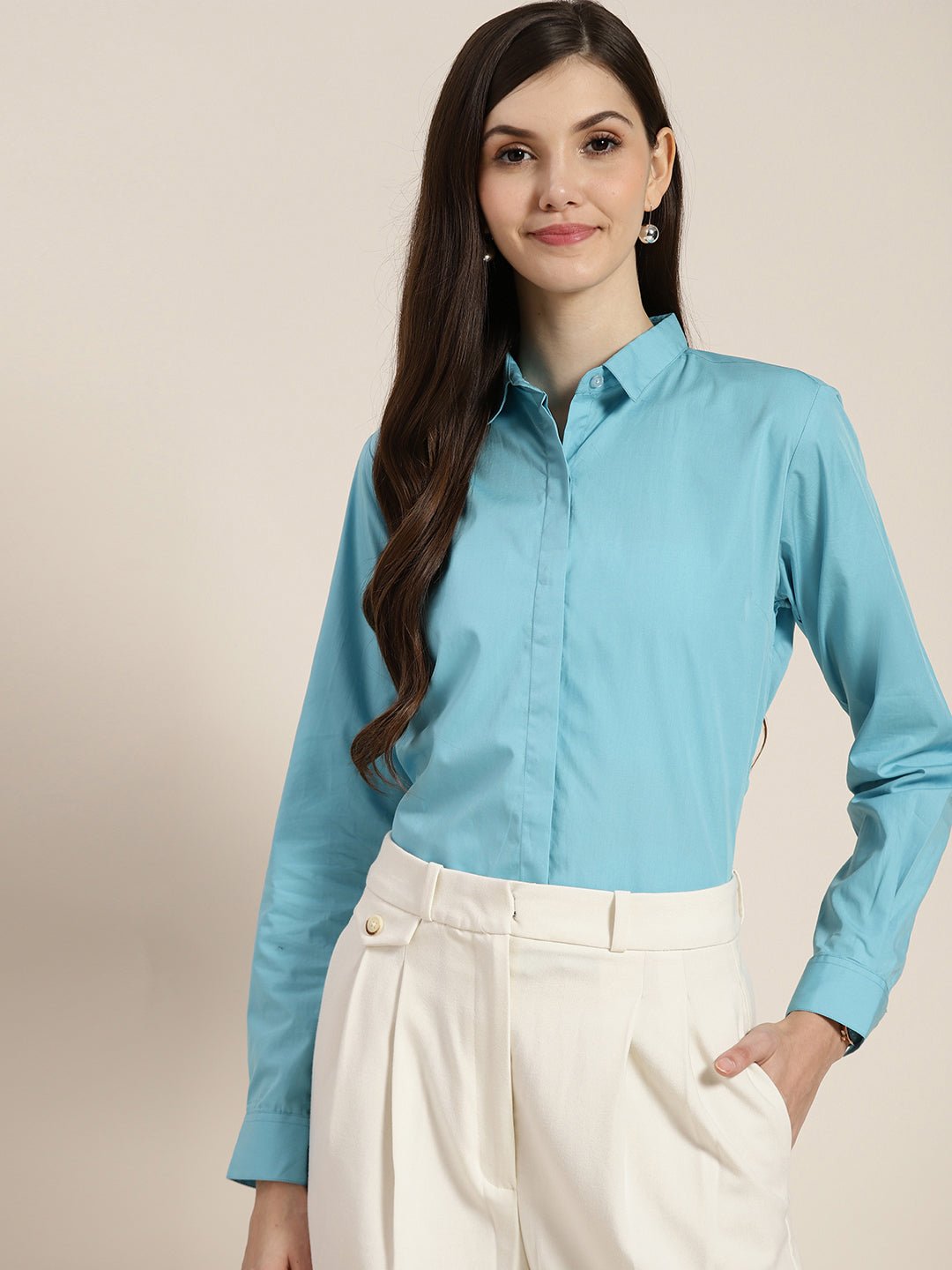 Women Blue Solid Pure Cotton Regular Fit Formal Shirt - #folk republic#