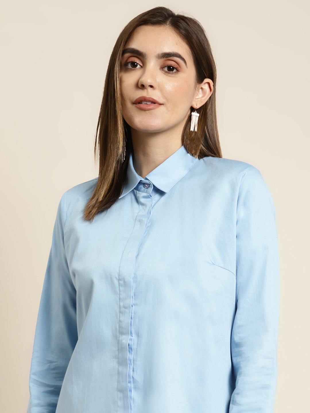 Women Blue Solid Pure Cotton Satin Regular Fit Formal Shirt - #folk republic#