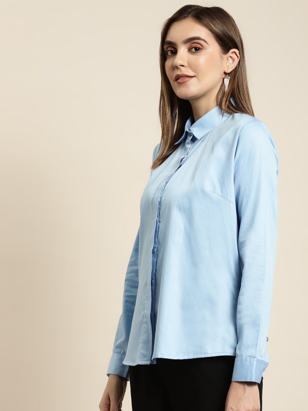 Women Blue Solid Pure Cotton Satin Regular Fit Formal Shirt - #folk republic#