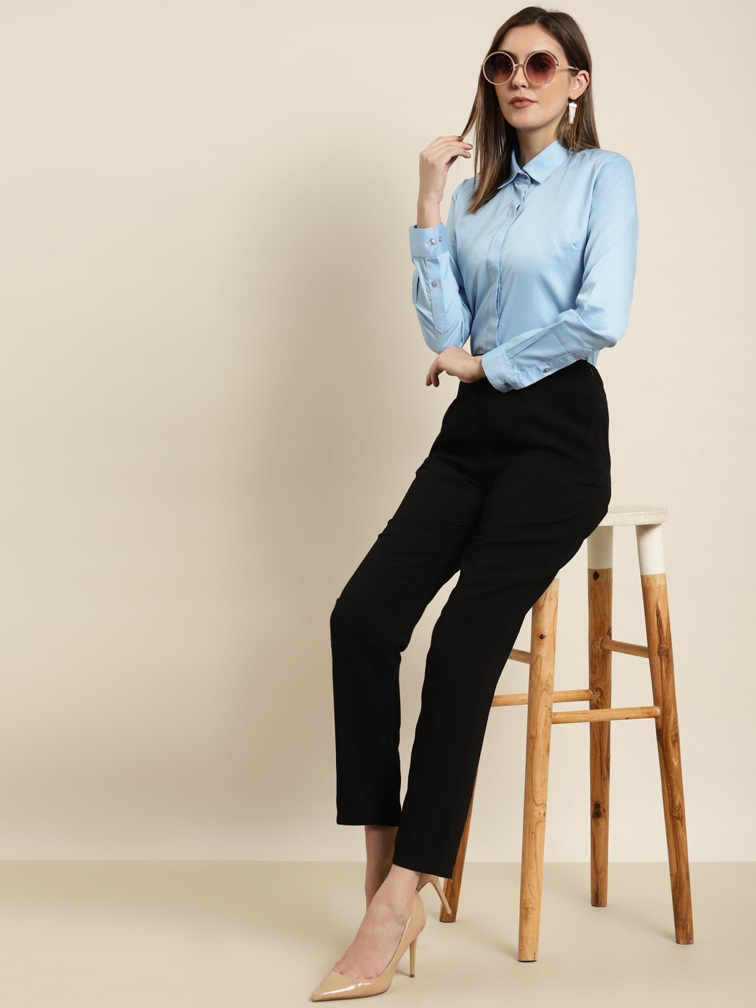 Women Blue Solid Pure Cotton Satin Regular Fit Formal Shirt - #folk republic#
