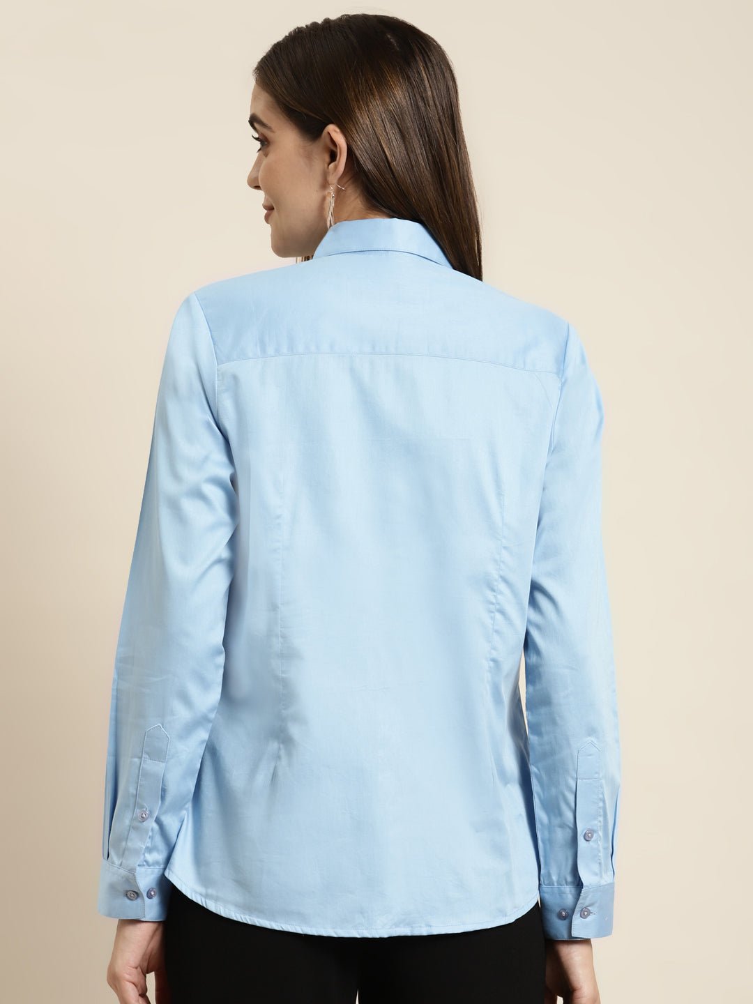 Women Blue Solid Pure Cotton Satin Regular Fit Formal Shirt - #folk republic#