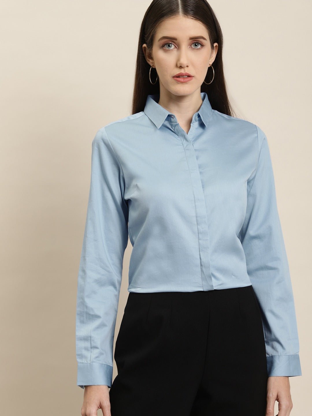 Women Blue Solid Pure Cotton Satin Slim Fit Formal Shirt - #folk republic#
