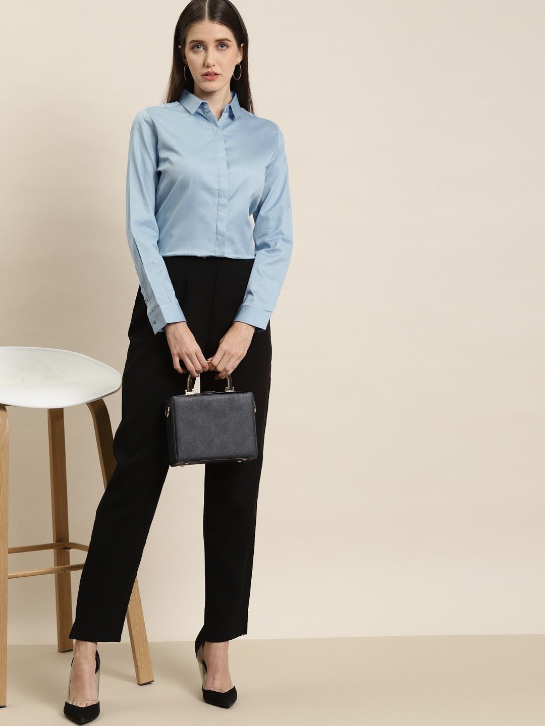 Women Blue Solid Pure Cotton Satin Slim Fit Formal Shirt - #folk republic#