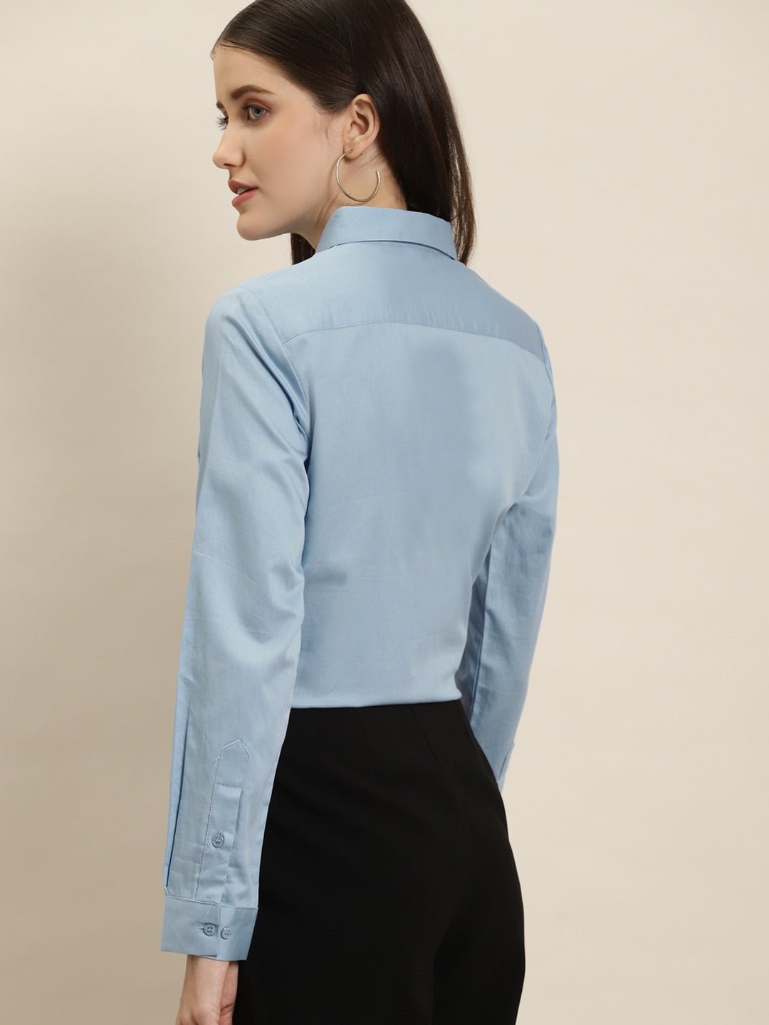 Women Blue Solid Pure Cotton Satin Slim Fit Formal Shirt - #folk republic#