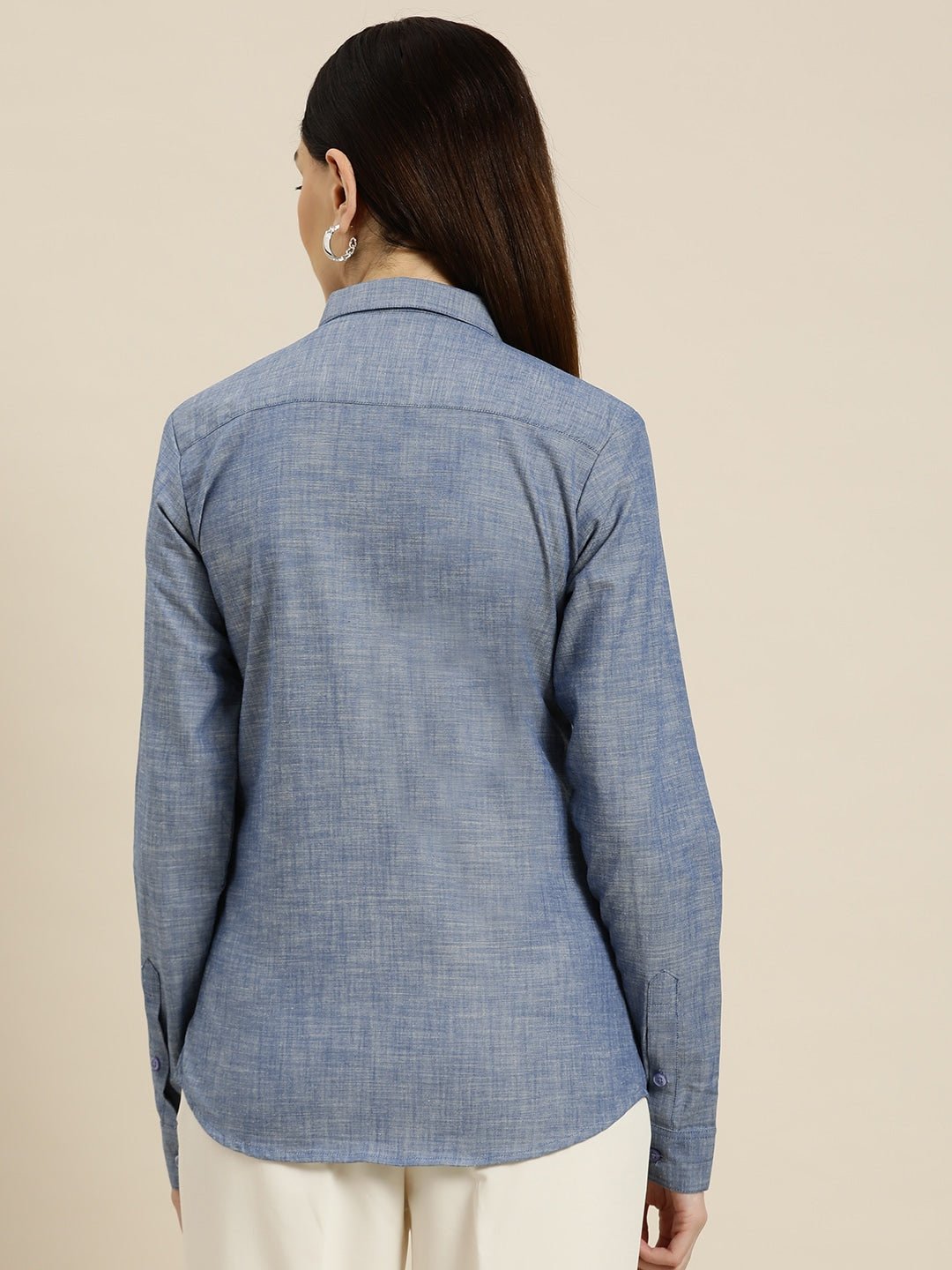 Women Blue Solids Pure Cotton Slim Fit Formal Shirt - #folk republic#