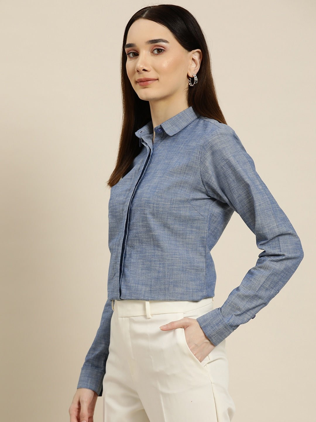 Women Blue Solids Pure Cotton Slim Fit Formal Shirt - #folk republic#