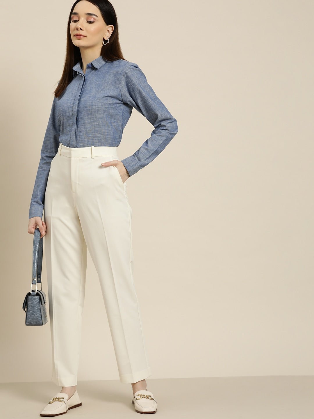 Women Blue Solids Pure Cotton Slim Fit Formal Shirt - #folk republic#