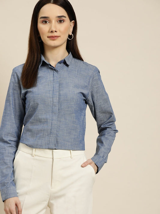 Women Blue Solids Pure Cotton Slim Fit Formal Shirt - #folk republic#
