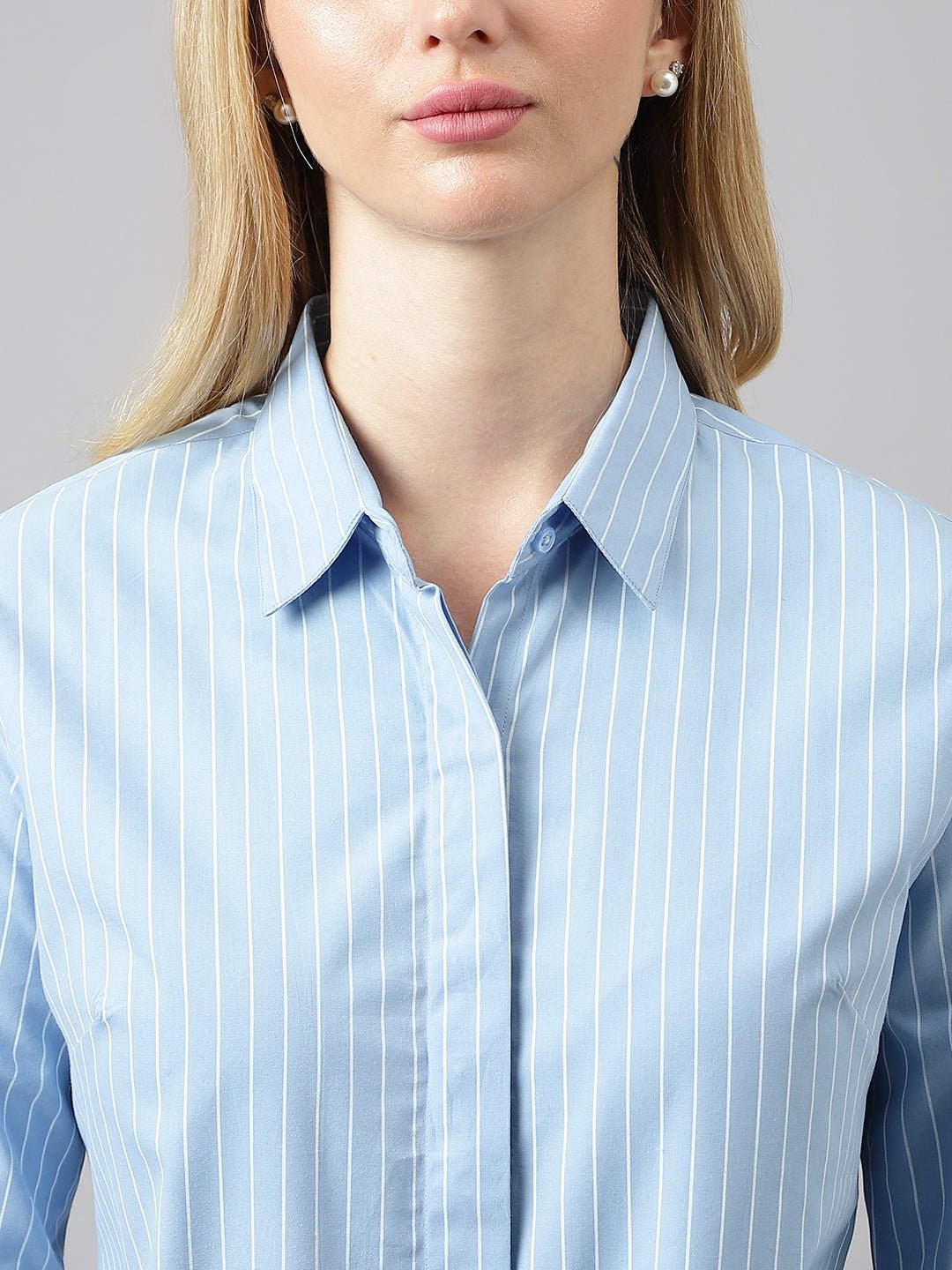Women Blue Stripes Pure Cotton Regular Fit Formal Shirt - #folk republic#