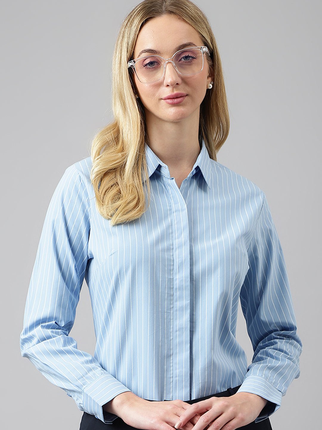 Women Blue Stripes Pure Cotton Regular Fit Formal Shirt - #folk republic#