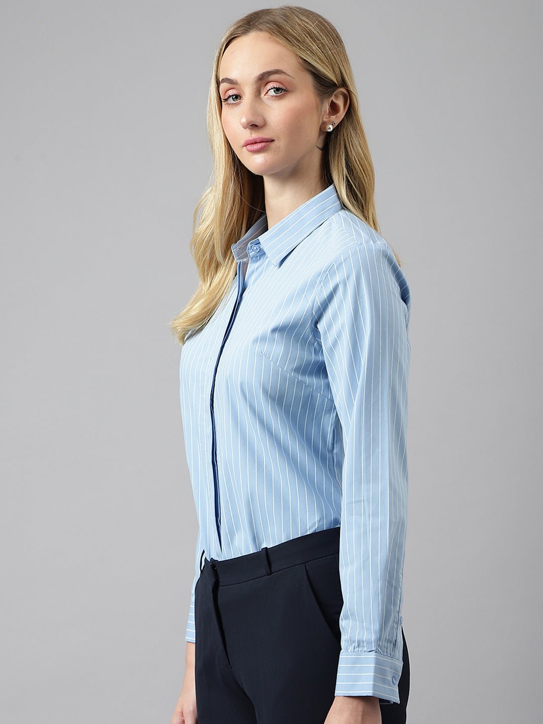 Women Blue Stripes Pure Cotton Regular Fit Formal Shirt - #folk republic#