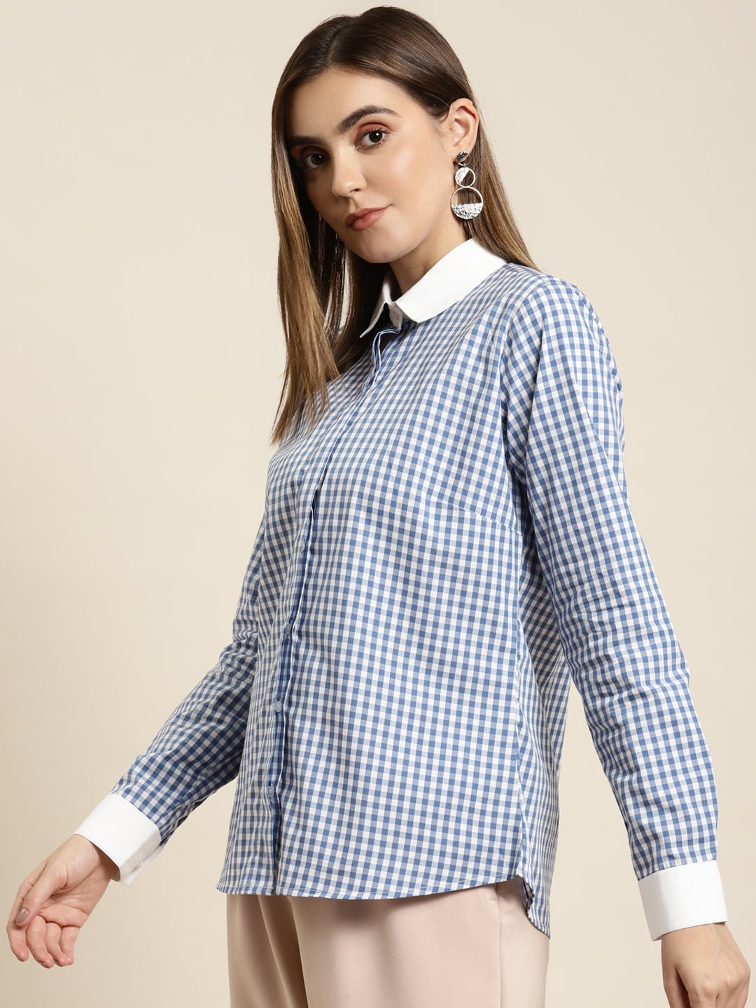Women Blue & White Checked Pure Cotton Regular Fit Formal Shirt - #folk republic#