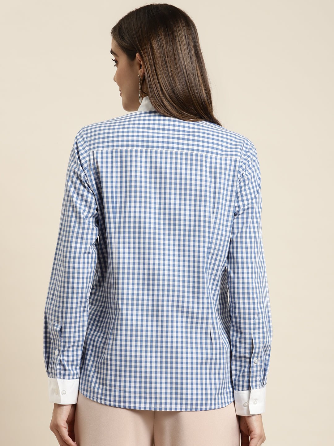 Women Blue & White Checked Pure Cotton Regular Fit Formal Shirt - #folk republic#